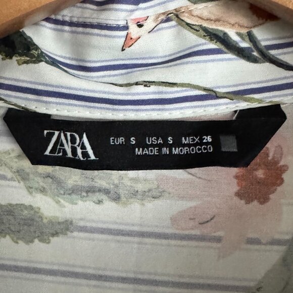 Zara - Striped Poplin Button-Down Shirt with All-Over Bird Print in White/Blue - Picture 7 of 9